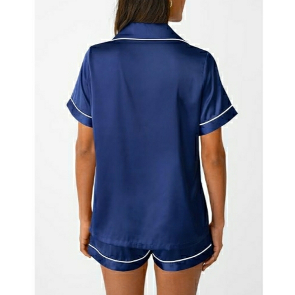 Silk Satin Fall Soft Pajama Set Matching Lounge Button Up Navy Blue - Picture 6 of 7